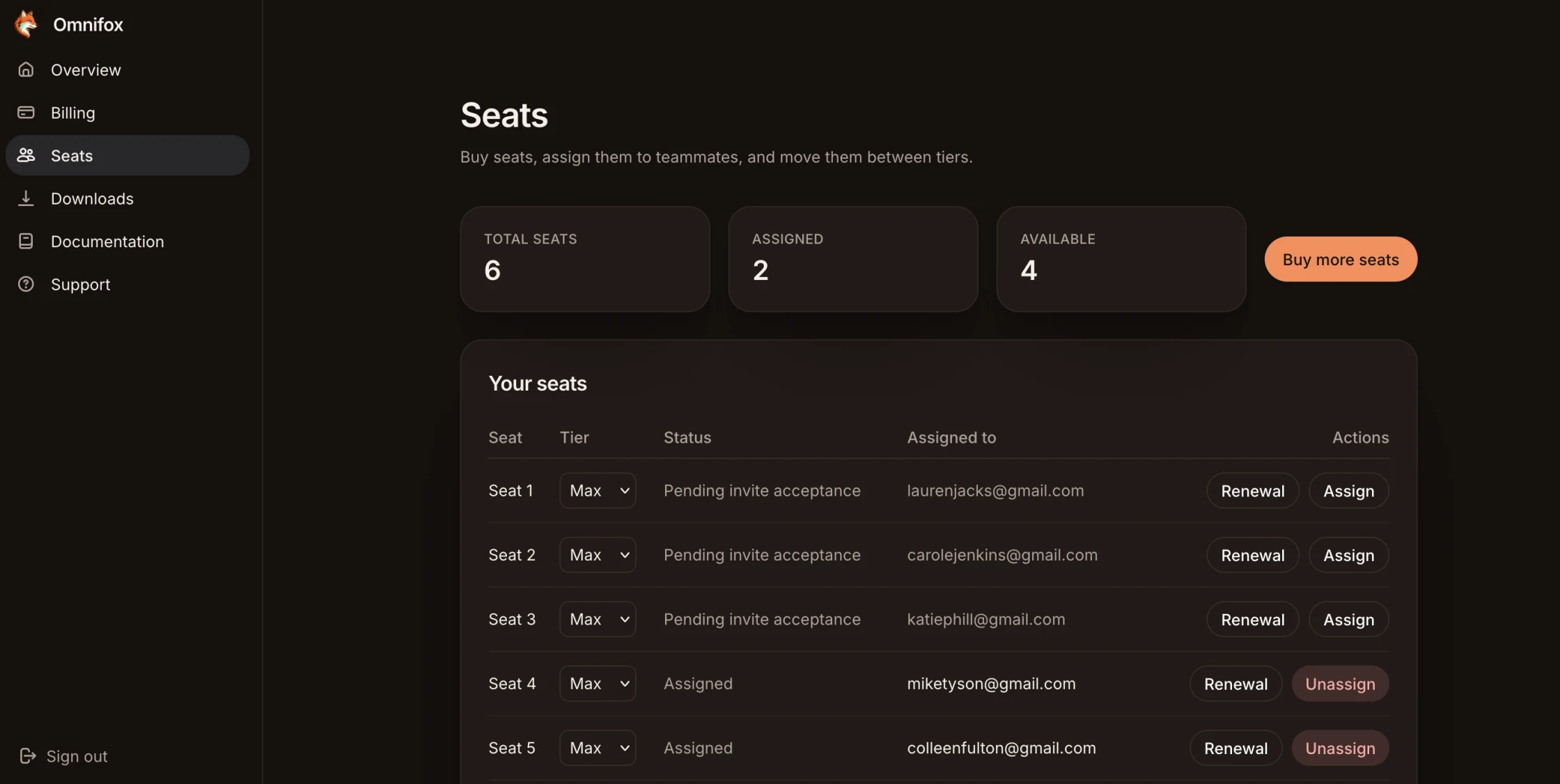 The Seats page showing six seats with two assigned and four available, a tier dropdown on each row, and Assign and Unassign buttons.